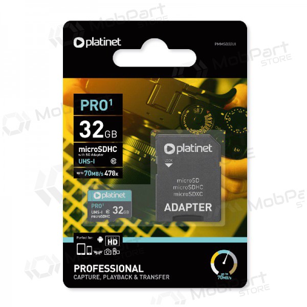 Minneskort Platinet MicroSD 32GB (class10 UHS-I 70MB/S) + SD Adapter