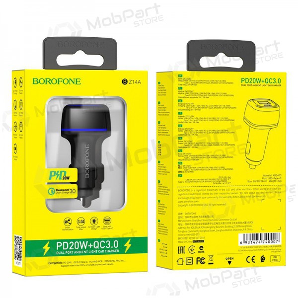 Laddare automobilinis Borofone BZ14A PD20W+QC3.0 x 2 USB (Type-C to Lightning) (svart)