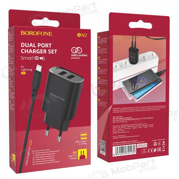 Laddare Borofone BN2 2xUSB 2.1A + Lightning (svart)