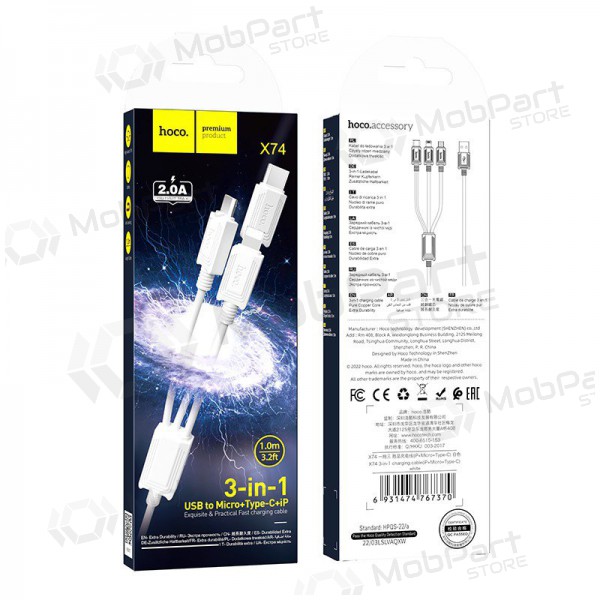 USB kabel Hoco X74 3in1 microUSB-Lightning-Type-C 1.0m (vit)