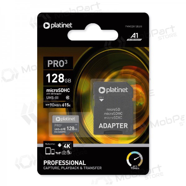 Minneskort Platinet MicroSD 128GB (class10 UHS-III 90MB/S) + SD Adapter