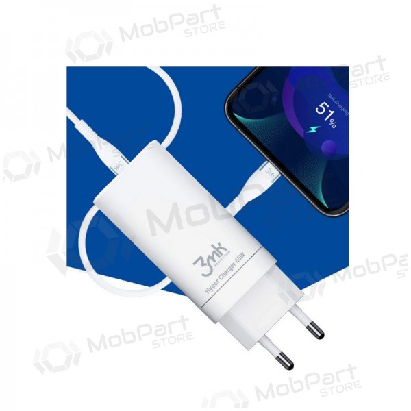 Laddare 3MK HyperCharger 65W 2xUSB-C, 1xUSB-A PD 3.0/QC 4.0 (vit)