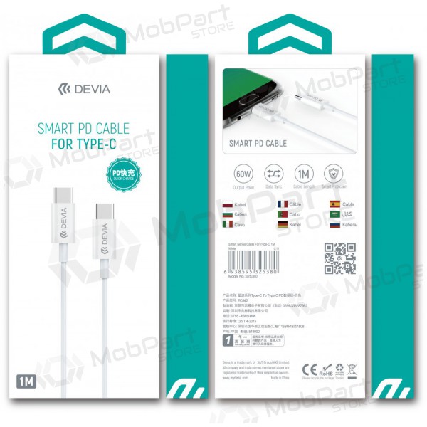 USB kabel Devia Smart PD Type-C -Type-C 20V 3.0A 60W (vit)