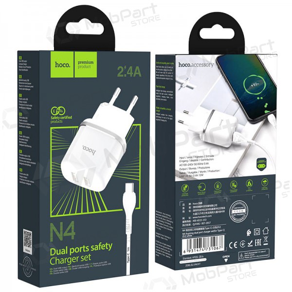 Laddare Hoco N4 X 2 USB  jungtimis + Type-C (2.4A) (vit)
