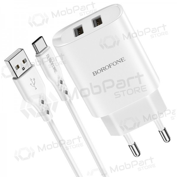 Laddare Borofone BN2 2xUSB 2.1A + USB Type-C (vit)