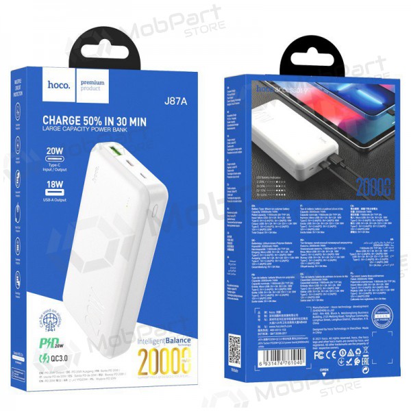 Powerbank Power Bank Hoco J87A Type-C PD 20W+Quick Charge 3.0 20000mAh vit Powerbank Power Bank Hoco J87A Type-C PD 20W+Quick Charge 3.0 20000mAh vit