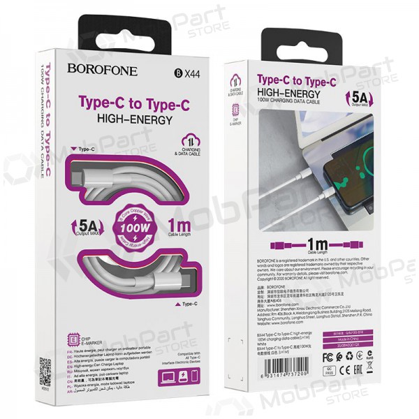 USB kabel Borofone BX44 Type-C - Type-C 100W 1.0m (vit)