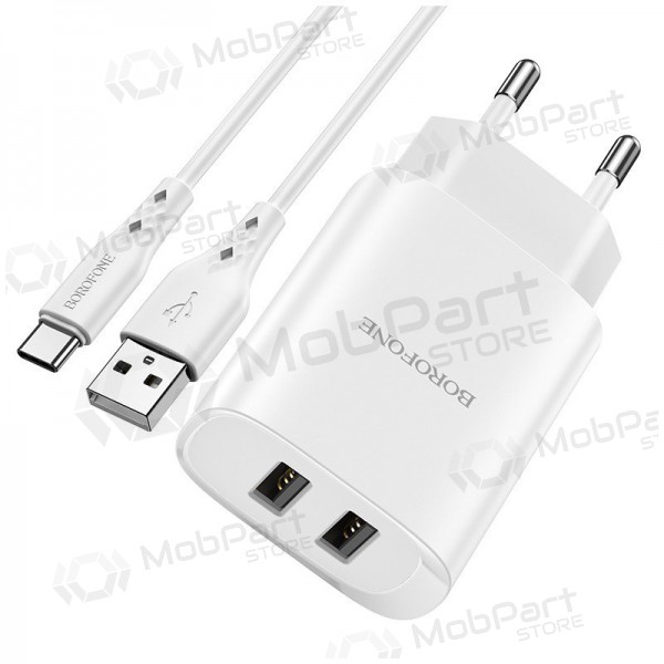 Laddare Borofone BN2 2xUSB 2.1A + USB Type-C (vit)