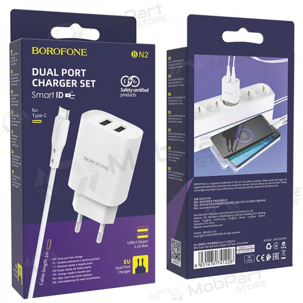 Laddare Borofone BN2 2xUSB 2.1A + USB Type-C (vit)