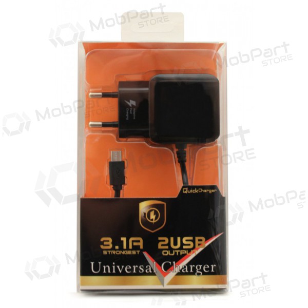 Laddare F13c FastCharging x 2 USB (3.1A) + microUSB (svart)