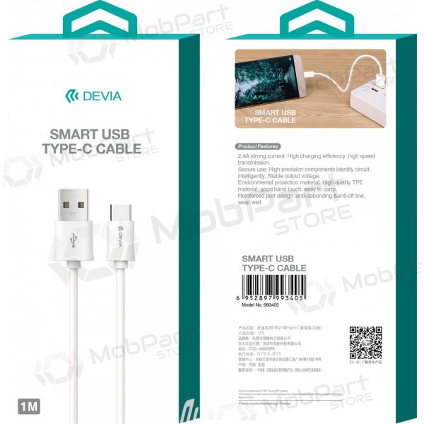 USB kabel Devia Smart Type-C 1.0m (vit)