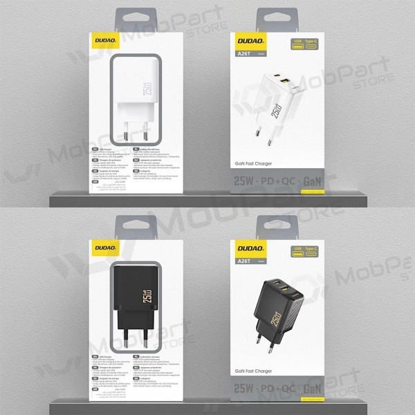 Telefonladdare Dudao A26T 25 W GaN USB-C + USB-A vit