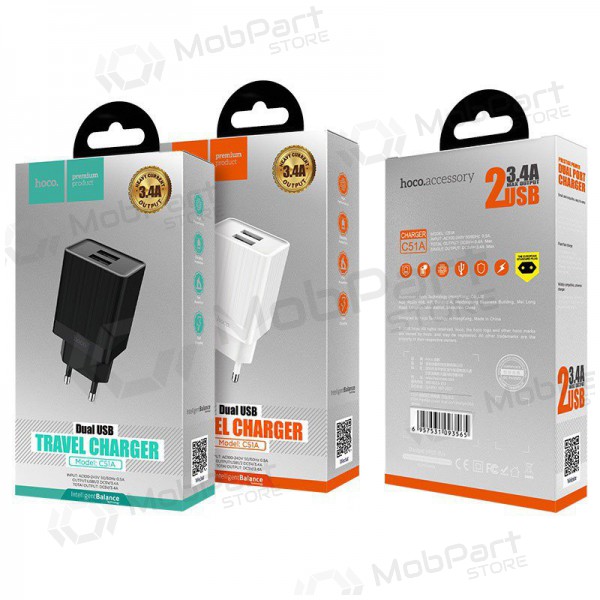 Laddare HOCO C51A Prestige power Dual USB (5V 3.4A) (vit)