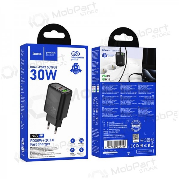 Telefonladdare Hoco N63 30 W GaN USB-C + USB-A svart