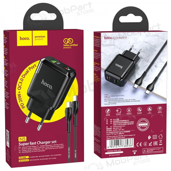 Laddare Hoco N5 USB Quick Charge 3.0 + PD 20W (3.1A) + Type-C-Type-C (svart)