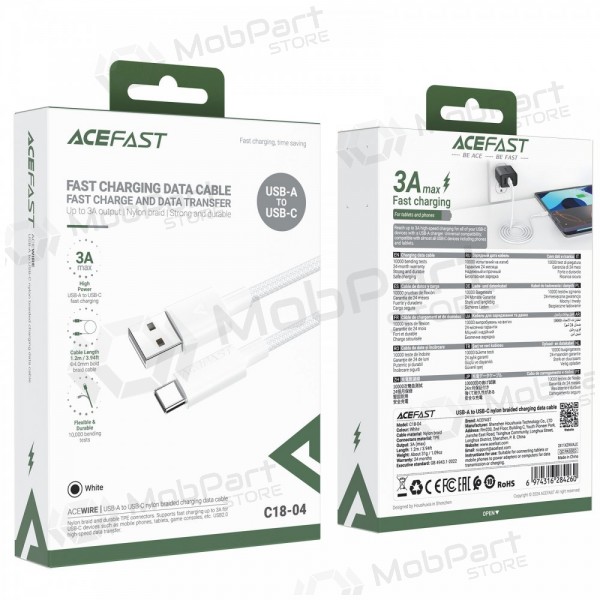 USB kabel Acefast C18-04 USB-A to USB-C 1.2m vit
