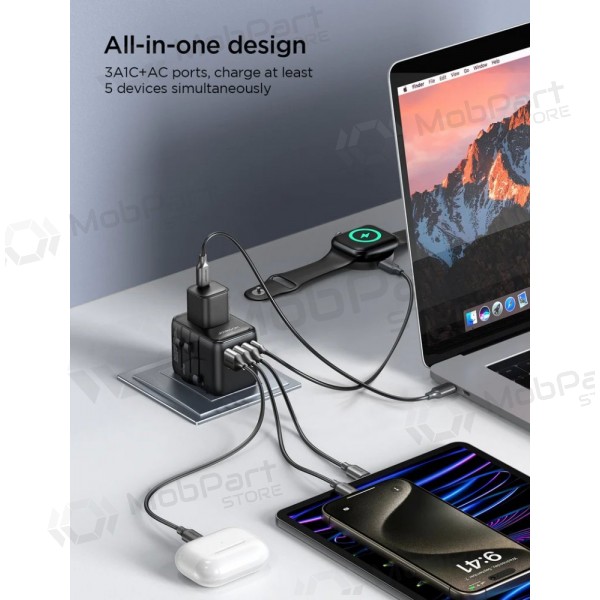 Universell kelioninis laddare Joyroom JR-TCW01 3xUSB-A/USB-C svart
