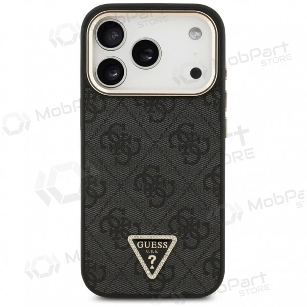 Apple iPhone 17 Pro Max fodral - Guess PU Leather 4G Strass Triangle Logo Gold Frame MagSafe (svart)