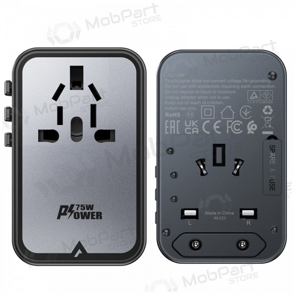 Universell kelioninis laddare Acefast Z1 75W GaN 2xUSB-A/3xUSB-C svart