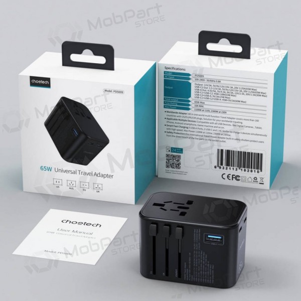 Universell kelioninis laddare Choetech PD5009 65W 2xUSB-C/USB-A svart