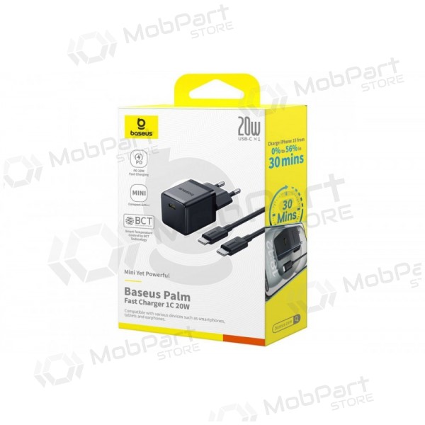 Laddare Baseus Palm 20W USB-C + USB-C to USB-C cable 1.0m svart P10111602113-01