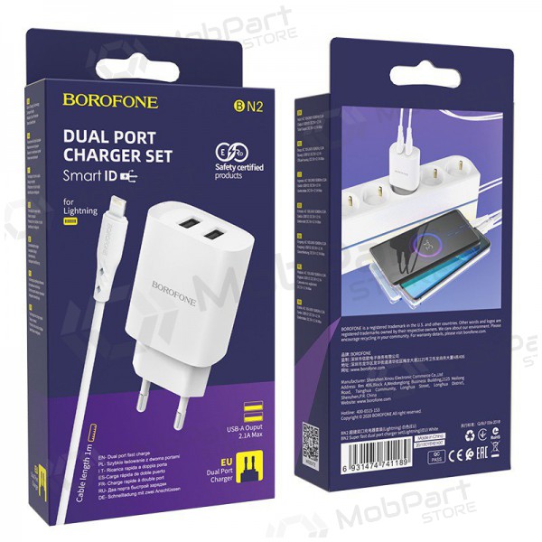 Laddare Borofone BN2 2xUSB 2.1A + Lightning (vit)