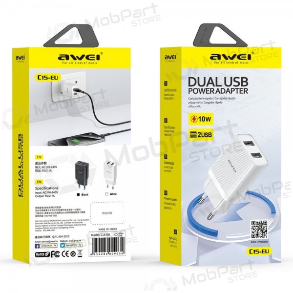 Laddare Awei C15T-EU 2xUSB-A 10W + USB to USB-C cable vit