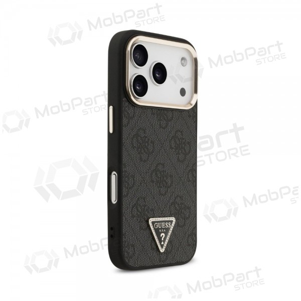 Apple iPhone 18 Pro fodral - Guess PU Leather 4G Strass Triangle Logo Gold Frame MagSafe (svart)