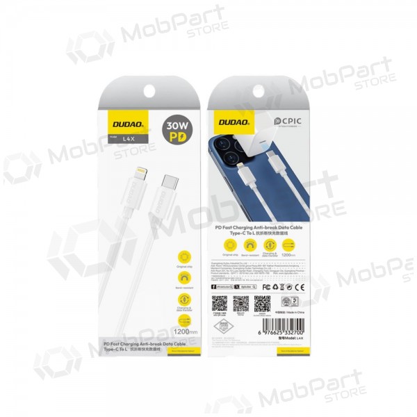 Lightning-kabel Dudao L4X USB-C till Lightning 1.2 m 30 W vit