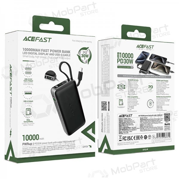 Powerbank Power Bank Acefast M7-10000 PD30W With Cable 10000mAh svart