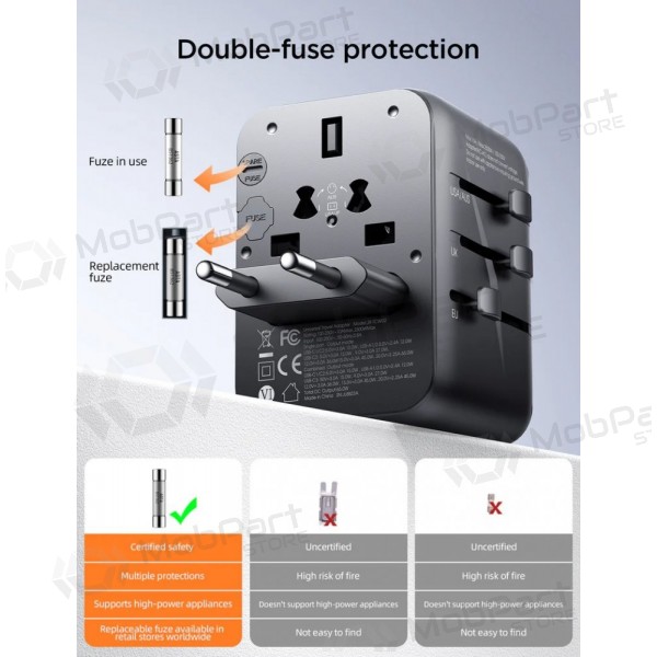 Universell kelioninis laddare Joyroom JR-TCW01 3xUSB-A/USB-C svart