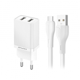 Laddare Awei C15T-EU 2xUSB-A 10W + USB to USB-C cable vit