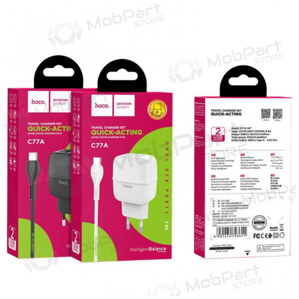 Laddare HOCO C77A Highway Dual USB + type-C kabel (5V 2.4A) (svart)