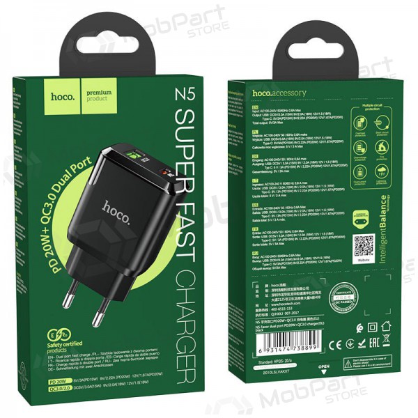 Laddare Hoco N5 USB Quick Charge 3.0 + PD 20W (3.1A) (svart)