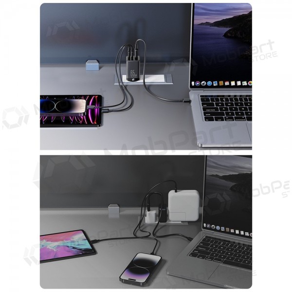 Laddare buitinis Joyroom GaN JR-TCG01 2xUSB-C/USB-A 65W + USB-C cable 1.2m svart
