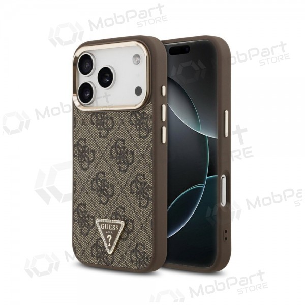 Apple iPhone 18 Pro fodral - Guess PU Leather 4G Strass Triangle Logo Gold Frame MagSafe (brun)