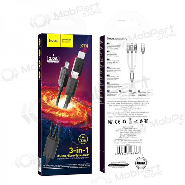 USB kabel Hoco X74 3in1 microUSB-Lightning-Type-C 1.0m (svart)