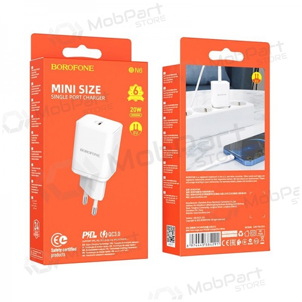 Laddare buitinis Borofone BN6 Type-C PD+QC3.0 20W, vit