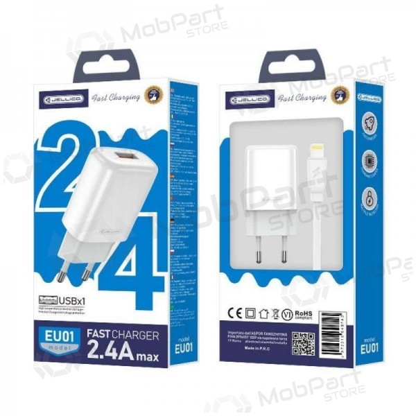 Laddare buitinis Jellico EU01 2.4A USB + Lightning vit