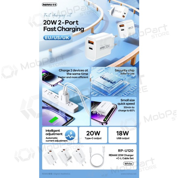 Telefonladdare Remax RP-U120 20 W USB-C + USB-A med Lightning-kabel 1 m vit