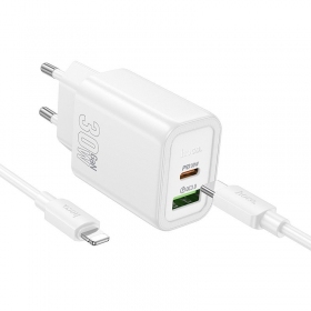 Telefonladdare Hoco N63 30 W GaN USB-C + USB-A med Lightning-kabel 1 m vit