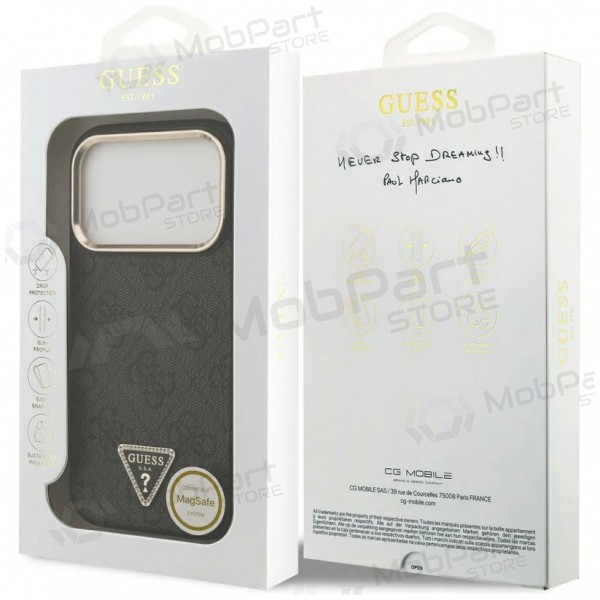 Apple iPhone 17 Pro Max fodral - Guess PU Leather 4G Strass Triangle Logo Gold Frame MagSafe (svart)