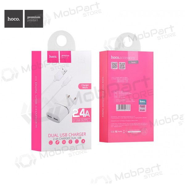 Laddare HOCO C12 Smart Dual USB + Lightning kabel (5V 2.4A) (vit)