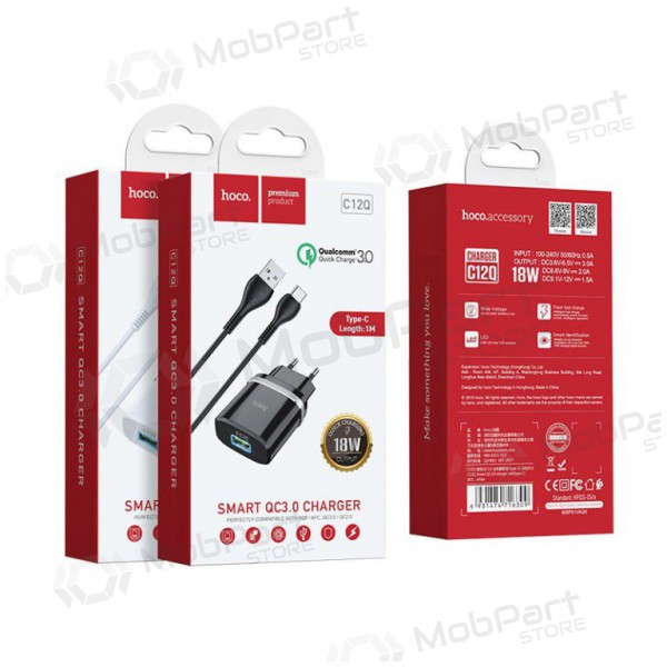 Laddare HOCO C12Q Smart USB + microUSB kabel (QC3.0) (svart)