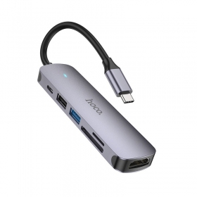 USB-C-adapter Hoco HB28 USB-C till HDMI + USB 3.0 + USB 2.0 + SD + TF + PD grå