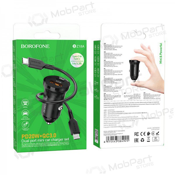 Laddare automobilinis Borofone BZ18A USB-A/Type-C PD20W+QC3.0 + Type-C (svart)