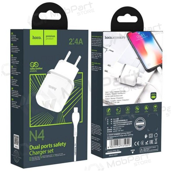 Laddare HOCO N4 Aspiring Dual USB + type-C kabel (5V 2.4A) (vit)