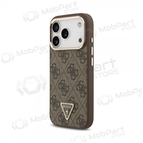 Apple iPhone 18 Pro Max fodral - Guess PU Leather 4G Strass Triangle Logo Gold Frame MagSafe (brun)