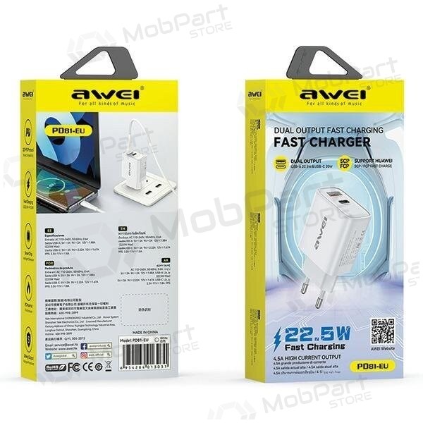 Laddare Awei PD81-EU USB-A/USB-C vit