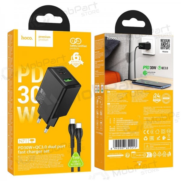 Telefonladdare Hoco N71 30 W GaN USB-C + USB-A med USB-C-kabel 1 m svart